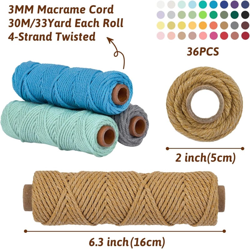 PHUNTTEK 36 Colors Macrame Cord 3mm x 1188 Yards Natural Colored Macrame Supplies 4 Strand Twisted Macrame Kit Cotton Cord Rope Macrame Yarn Twine String for Crafts Wall Hanging Plant Hanger DIY Knitting - Image 2